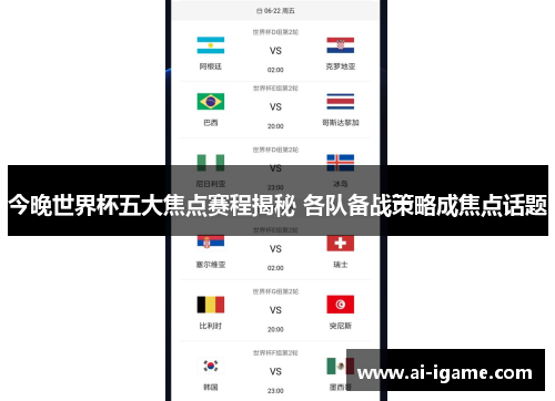 今晚世界杯五大焦点赛程揭秘 各队备战策略成焦点话题