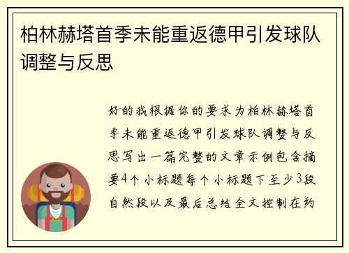 柏林赫塔首季未能重返德甲引发球队调整与反思
